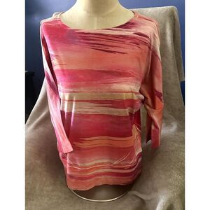 Chicos Top Women Size 1(Med) Multicolor(Pinks/Red/Tan) Blouse Short Sleeve‎